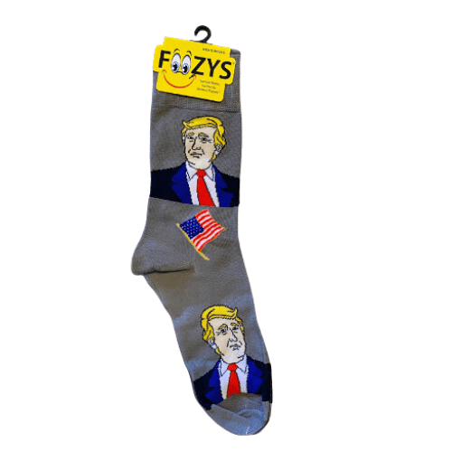 Grey Trump Quarter Socks with Trump's face and American flag design showcased prominently on the toe and ankle in a close-up view.