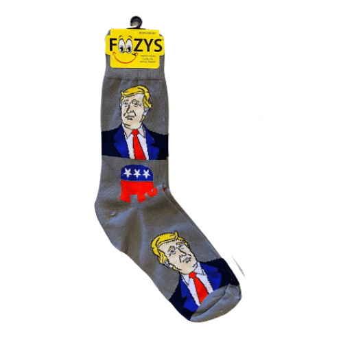 Grey Trump Quarter Socks showcasing GOP Elephant symbol and President Trump's face, ideal for casual and political events.