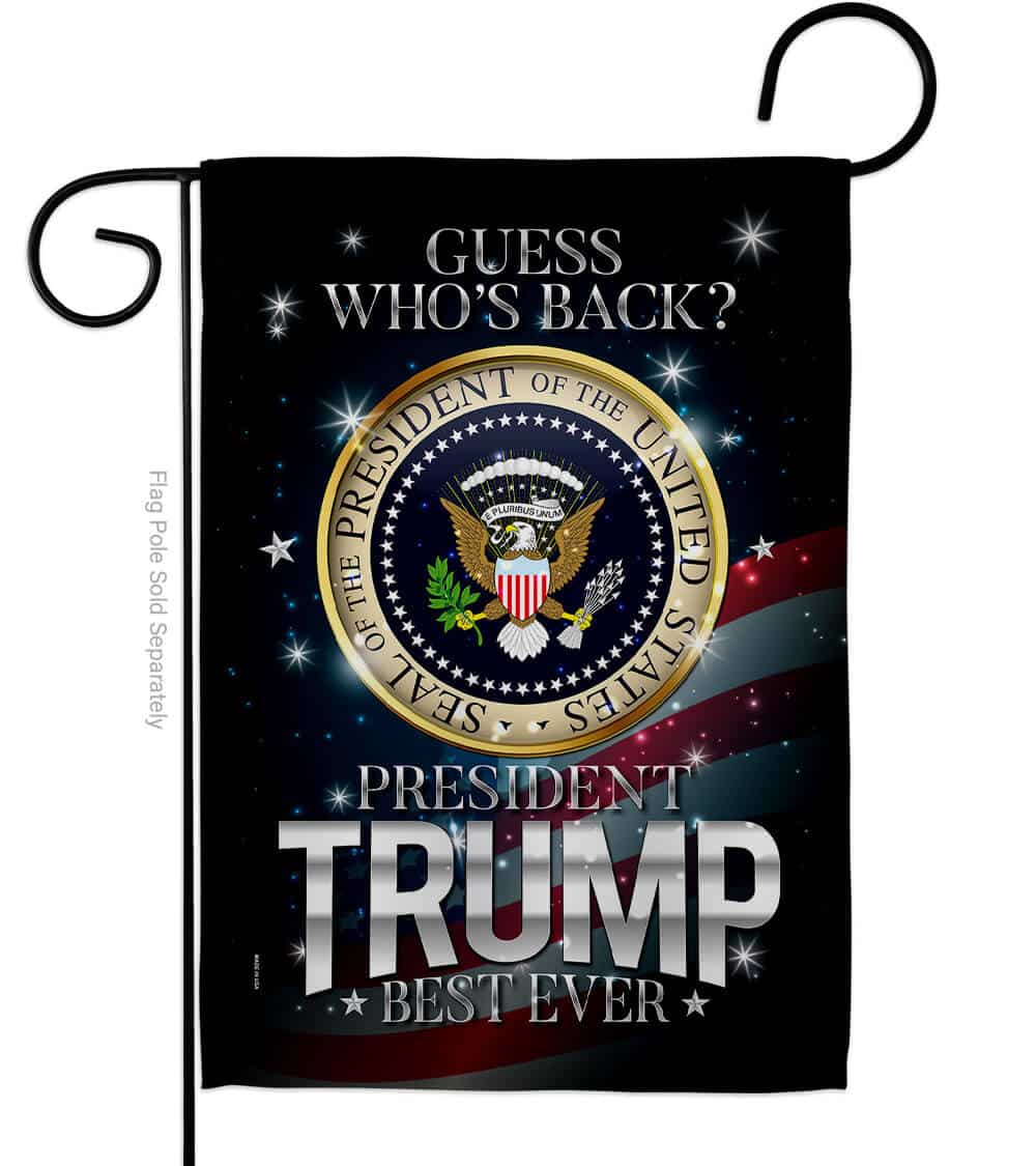 Guess Who's Back double-sided garden flag featuring bold graphics displayed on an outdoor pole in a vibrant garden setting.