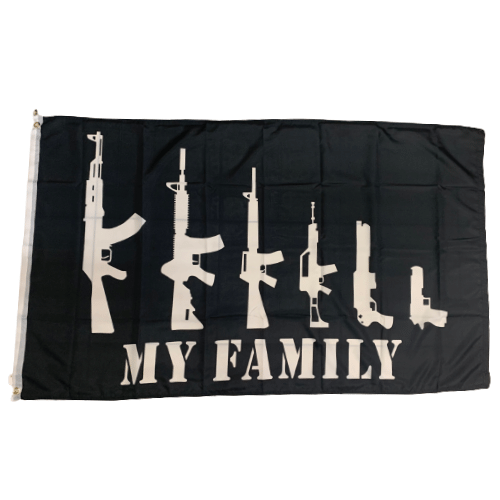 Gun Family 3x5 flag featuring humorous gun graphics displayed outdoors on a flagpole, showcasing the family's pride in their firearms.
