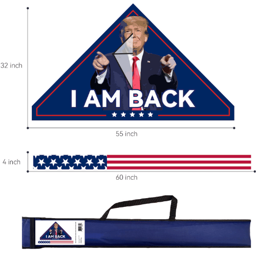 I Am Back Patriotic Trump Kite featuring a colorful design of Trump's face and the slogan soaring high against a blue sky with a long patriotic tail.