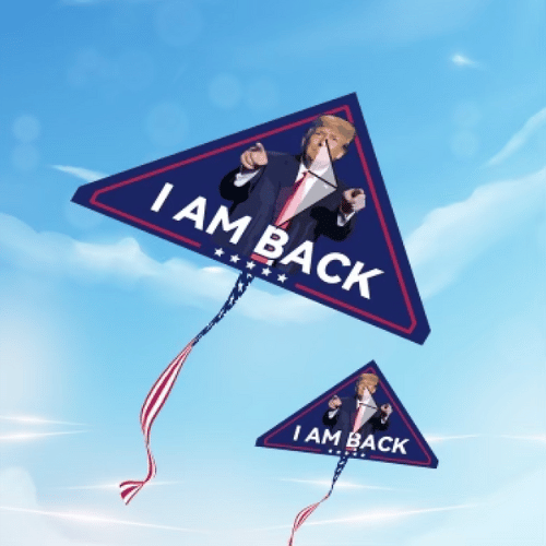 I Am Back Patriotic Trump Kite featuring a colorful design of Trump's face and the slogan soaring high against a blue sky with a long patriotic tail.