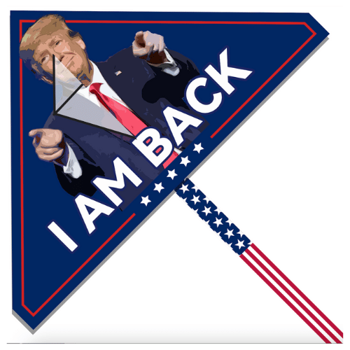 I Am Back Patriotic Trump Kite featuring a colorful design of Trump's face and the slogan soaring high against a blue sky with a long patriotic tail.