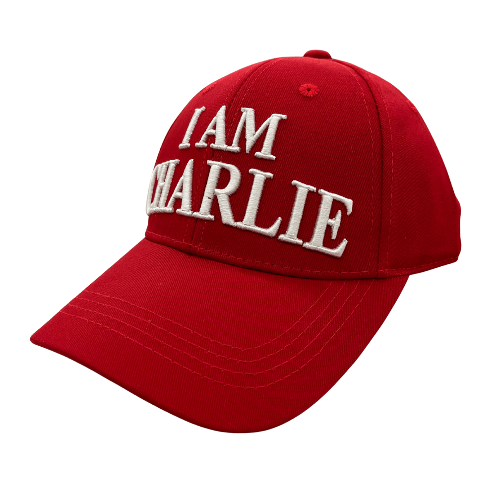 I Am Charlie Red Hat featuring white 'I AM CHARLIE' embroidery on a vibrant red cotton twill base, ideal for patriotic events.