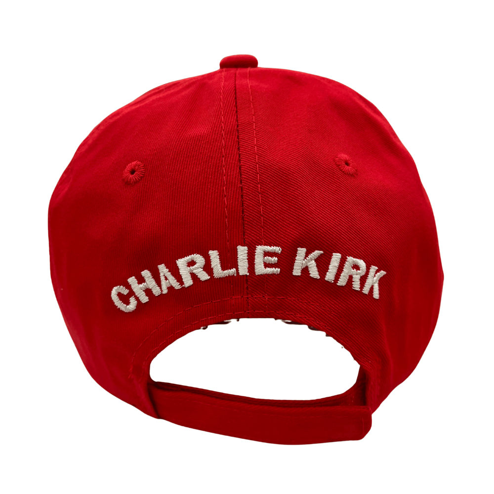 I Am Charlie Red Hat featuring white 'I AM CHARLIE' embroidery on a vibrant red cotton twill base, ideal for patriotic events.