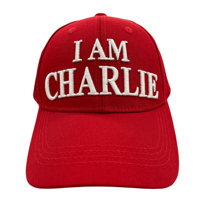 I Am Charlie Red Hat featuring white 'I AM CHARLIE' embroidery on a vibrant red cotton twill base, ideal for patriotic events.