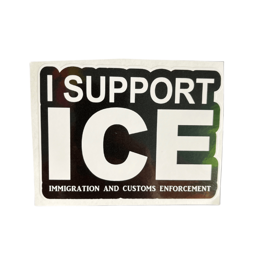 I Support ICE durable vinyl sticker displayed on a car window, showcasing bold patriotic design with vibrant colors.