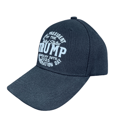 Alt text: "47th President Inauguration Day Black Hat featuring white embroidered design on a structured black cap, stylishly displayed against a neutral background.