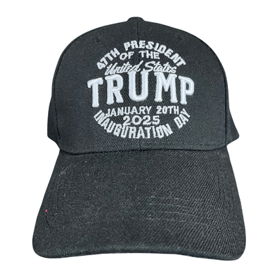 Alt text: "47th President Inauguration Day Black Hat featuring white embroidered design on a structured black cap, stylishly displayed against a neutral background.