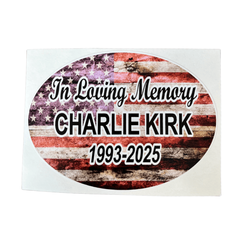 In Loving Memory Charlie Kirk Sticker featuring bold American themes displayed on a laptop, showcasing its vibrant colors and clear design.