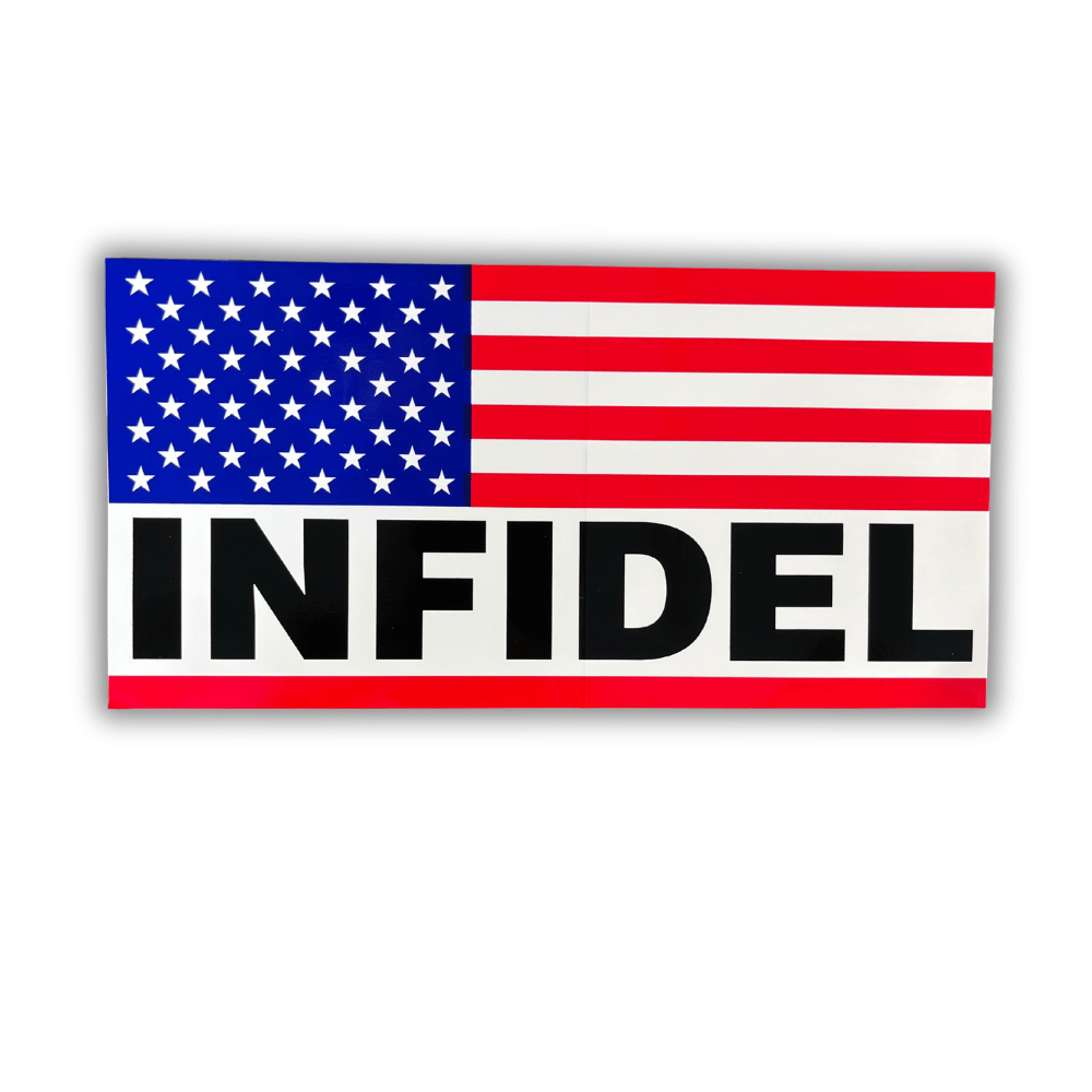 Infidel USA Flag Bumper Sticker displayed on the back of a car, featuring the American flag design with 'Infidel' text in vibrant colors.