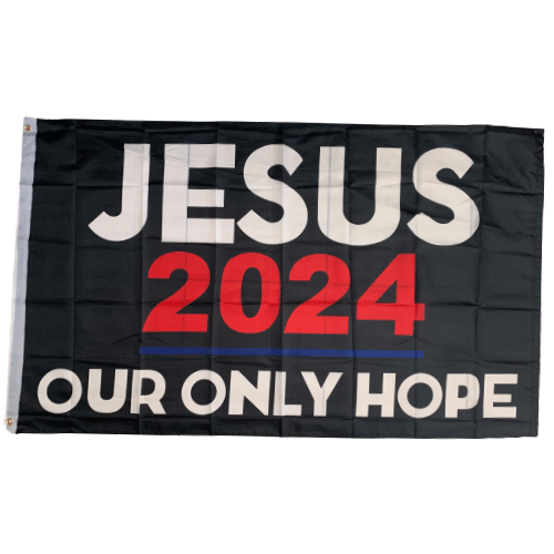 Jesus 2024 Our Only Hope 3x5 flag displaying vibrant lettering against a clear sky, ideal for outdoor events and personal displays.