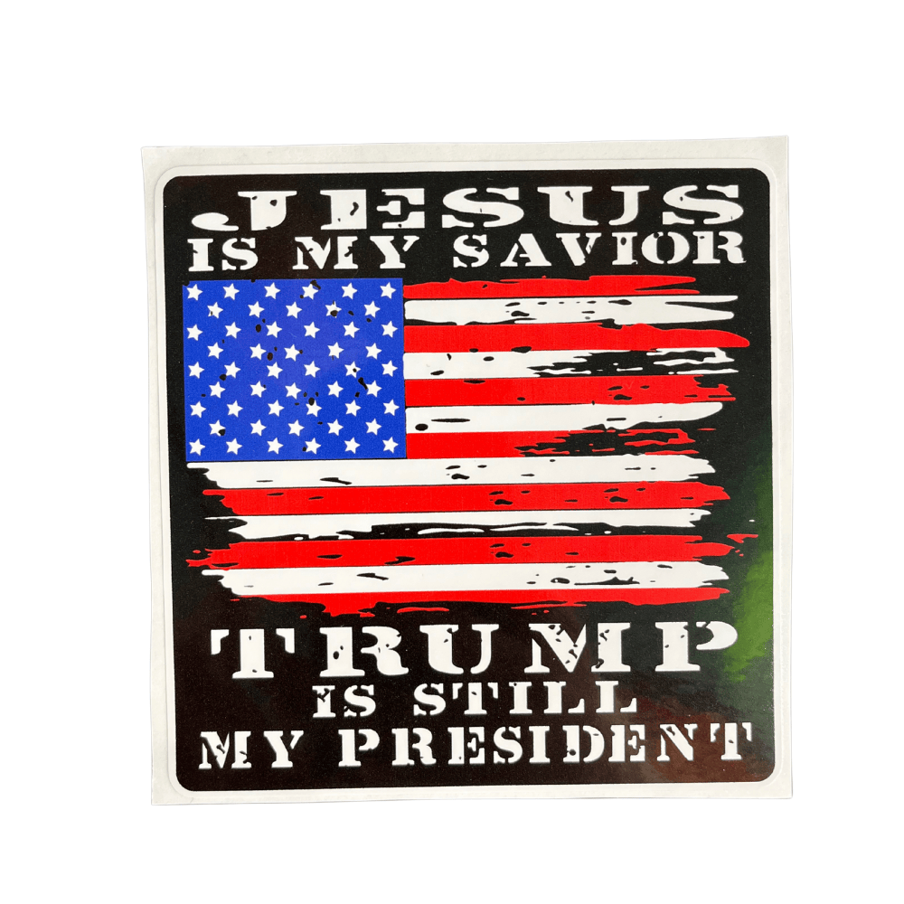 Jesus Is My Savior Black Sticker displaying strong patriotic message on a smooth surface, ideal for cars, laptops, and everyday gear.