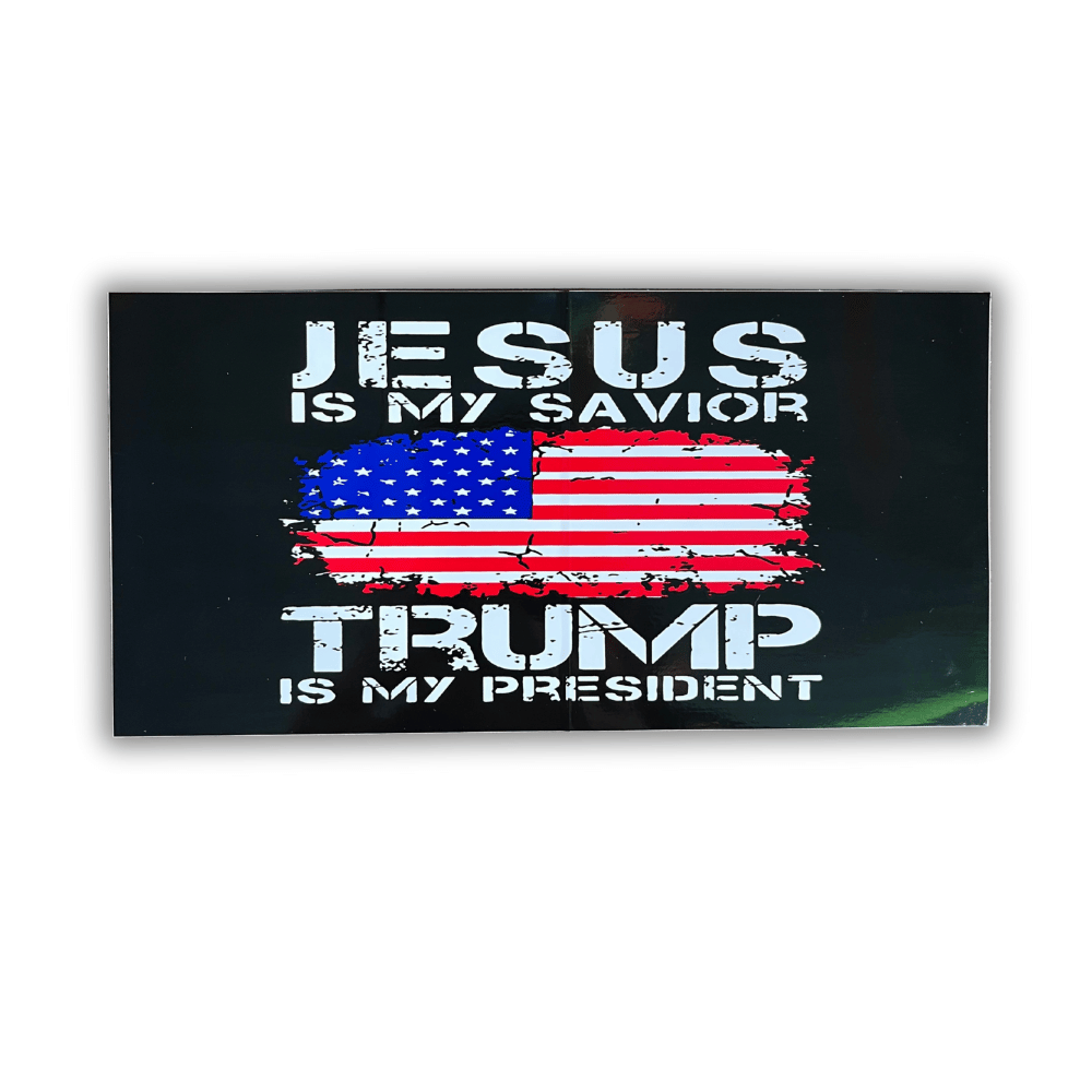 Jesus Savior Distressed Flag Bumper Sticker displayed on a car bumper, showcasing vibrant patriotic design with American flag and religious symbols.