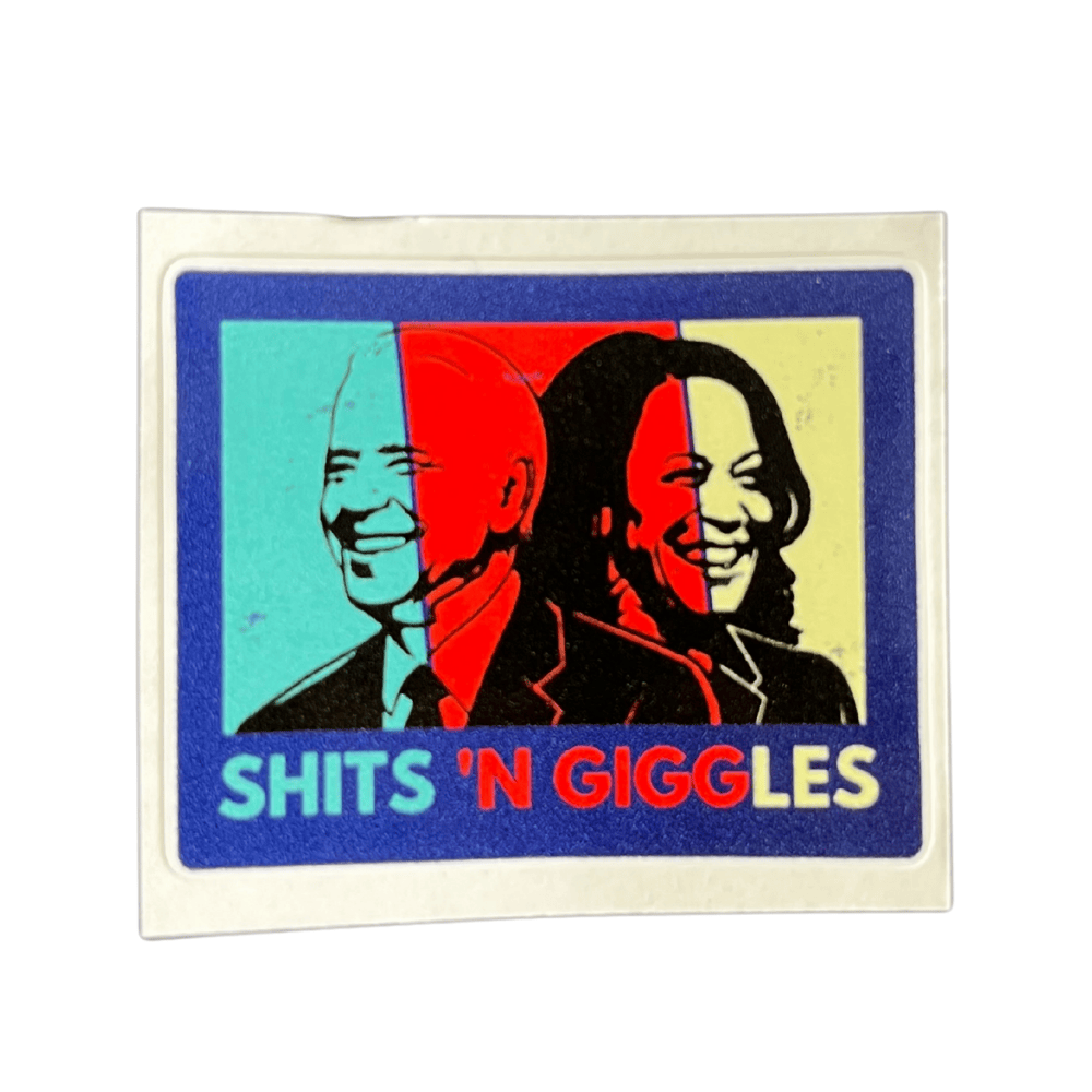 Kamala Biden Shit and Giggles sticker showcasing vibrant political humor designed for durability, applied on a smooth surface.