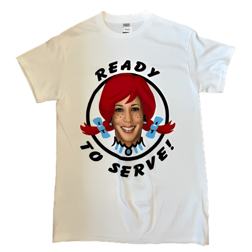 Kamala Harris Ready to Serve T Shirt featuring a graphic of Harris in a Wendy's uniform, perfect for political satire enthusiasts.