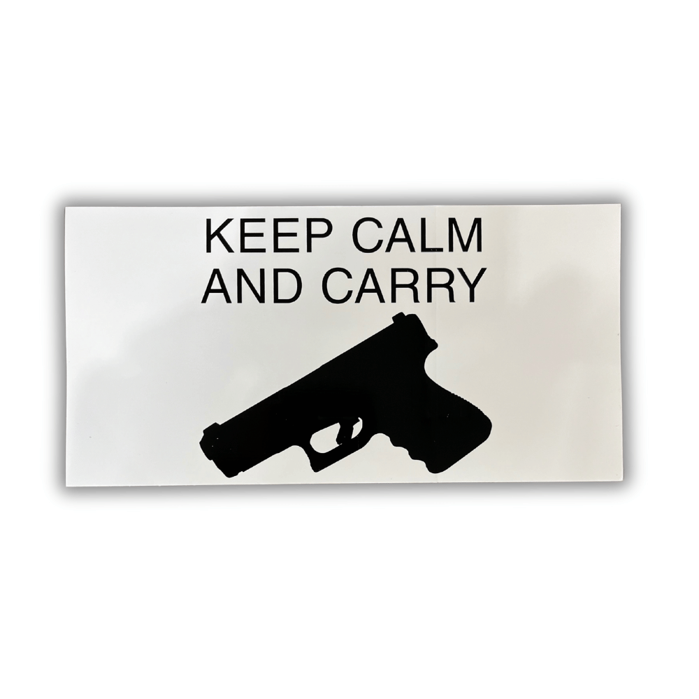 Keep Calm And Carry bumper sticker designed for outdoor use, featuring bold patriotic colors, shown on a vehicle bumper.