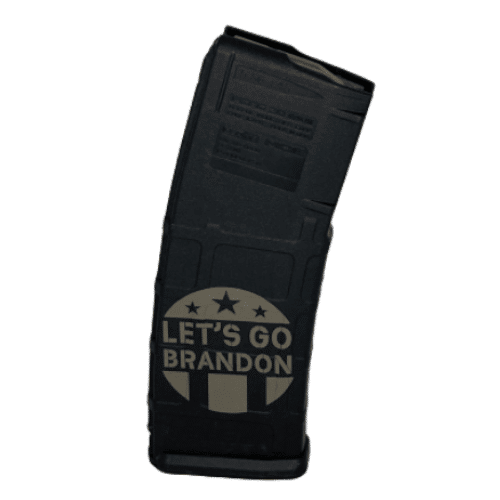 Let's Go Brandon 5.56 30-Round PMAG featuring a playful custom print, displayed alongside a firearm on a shooting range.