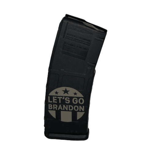 Let's Go Brandon AR Magazine made for .223 and .556 ammunition, featuring a playful design and durable polymer build on a wooden table.