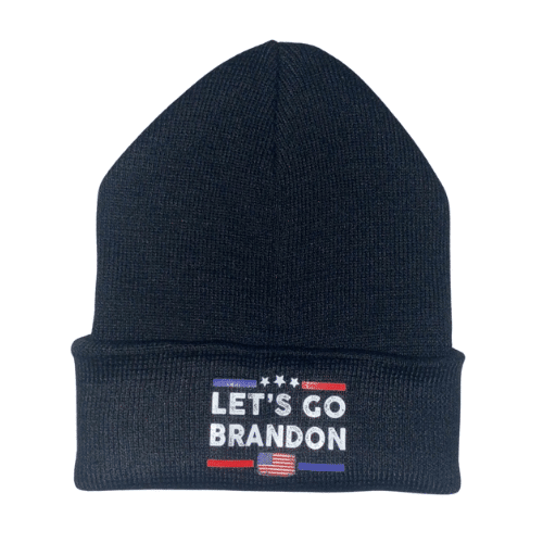 Let's Go Brandon Beanie featuring a faded USA flag design, perfect for showcasing patriotic humor while keeping warm in winter.