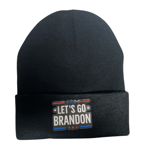 Let's Go Brandon Black Beanie featuring vibrant red and blue lettering displayed against a snowy backdrop, providing warmth and style.