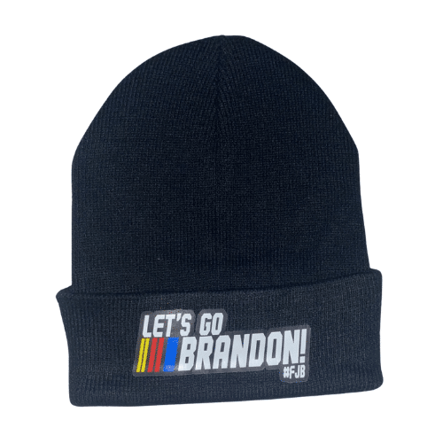 Let's Go Brandon FJB Nascar Beanie in vibrant colors with NASCAR font displayed on a white background, showcasing its unique design.
