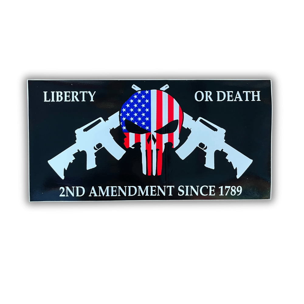 Liberty Or Death bumper sticker showcasing bold patriotic text, suitable for outdoor display on a car bumper or laptop.