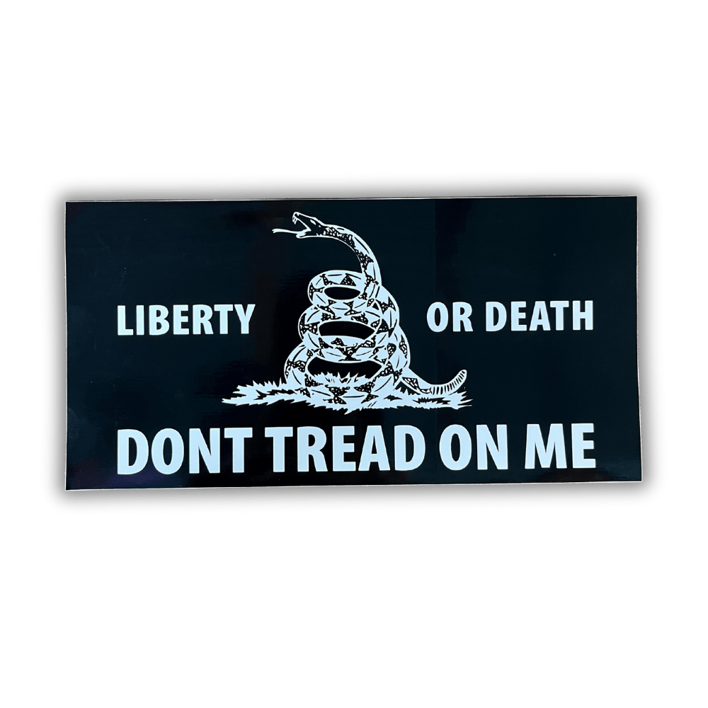Liberty Or Death Gadsden bumper sticker made of premium outdoor-grade vinyl, featuring a vibrant snake design, displayed on a car bumper.
