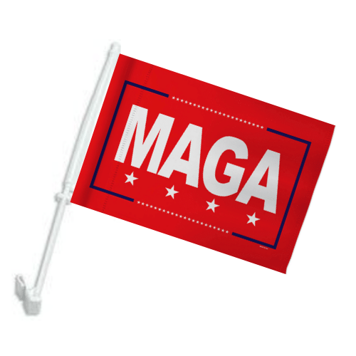 MAGA Car Flag measuring 11x15 inches with bold red background and white lettering displayed on a vehicle window, representing Trump support.