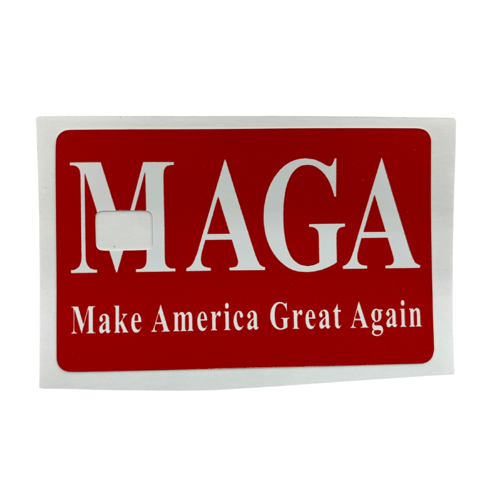 MAGA Credit Card Cover with red background and white 'Make America Great Again' slogan, perfectly fitting a standard credit card.