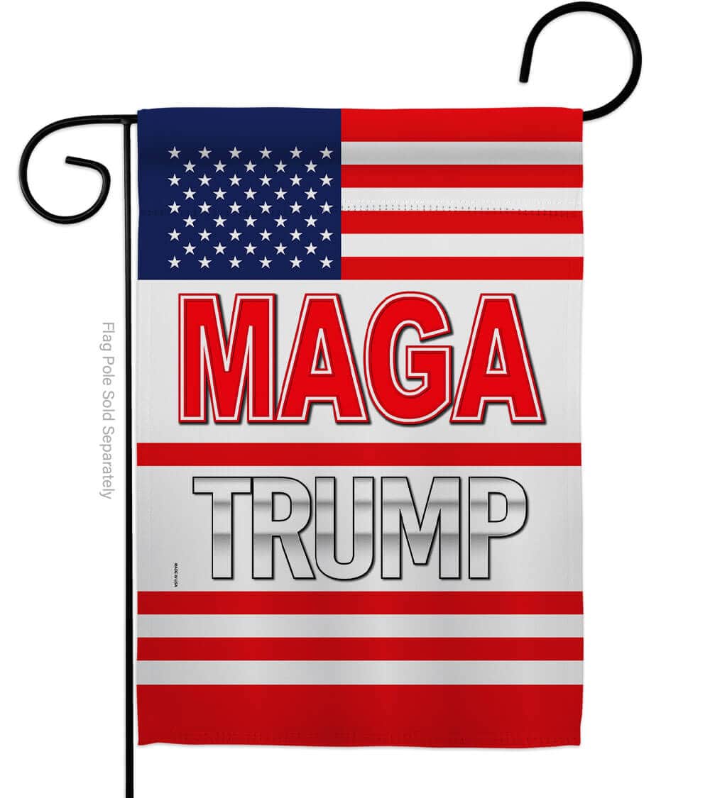 MAGA garden flag featuring bold red design and white text displayed outdoors, highlighting its double-sided visibility and weather-resistant material.