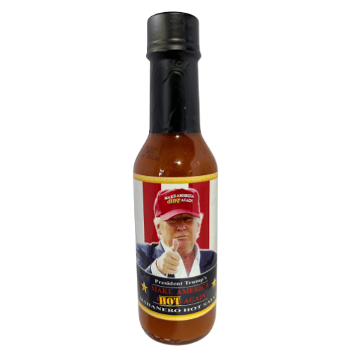 MAGA Habanero Hot Sauce bottle featuring President Trump, vibrant colors, and bold lettering, designed for flavorful and humorous dining experiences.