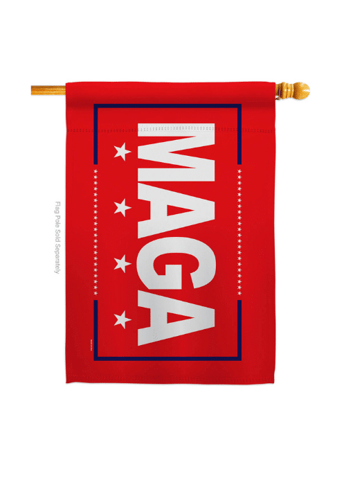 MAGA House Flag measuring 28x40 inches, featuring bold double-sided print, displayed on a flagpole in an outdoor setting.