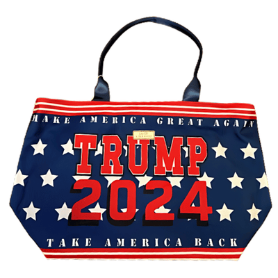 Make America Great Again Trump 2024 Tote Bag with bold red lettering and slogans displayed, designed for practical and stylish use.