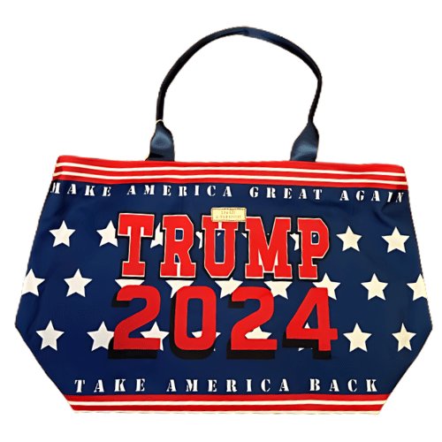 Make America Great Again Trump 2024 Tote Bag with bold red lettering and slogans displayed, designed for practical and stylish use.