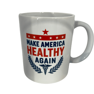 Make America Healthy Again Mug designed with bold slogan and patriotic elements, featuring a caduceus symbol and a glossy finish.