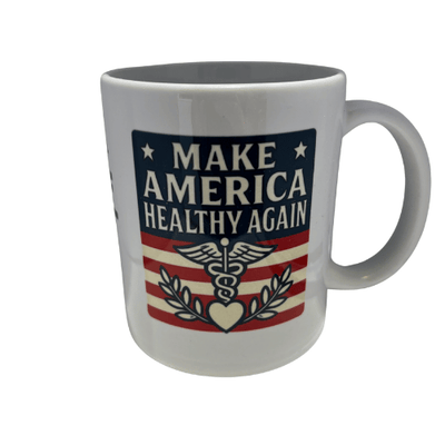 Make America Healthy Again 12oz ceramic mug featuring navy background and bold white lettering, caduceus symbol, and patriotic design.