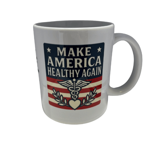 Make America Healthy Again 12oz ceramic mug featuring navy background and bold white lettering, caduceus symbol, and patriotic design.