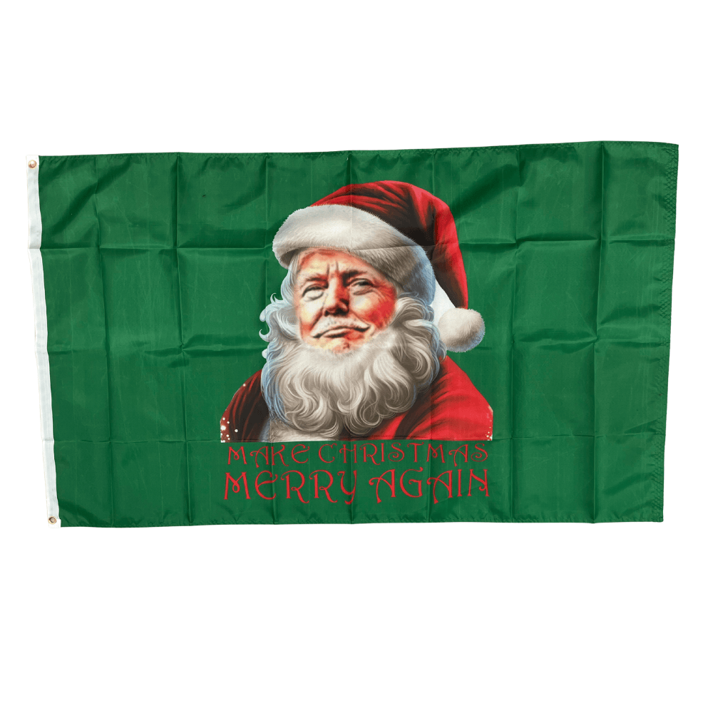 Make Christmas Merry Again flag featuring a colorful Santa design on a green background, perfect for seasonal decorations and outdoor displays.