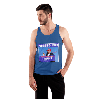 Missed Me Trump Tank Top displayed on a mannequin; black fabric featuring bold text expressing support for Donald J. Trump.