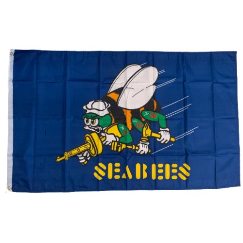 Navy Seabees 3x5 flag featuring the Seabee insignia, displayed on a flagpole in an outdoor setting emphasizing its bold colors and quality.