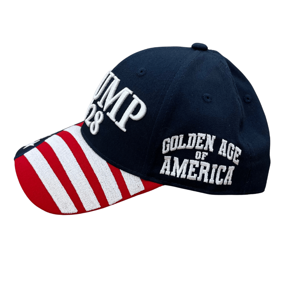 Navy Trump 2028 Patriotic Hat featuring 'TRUMP 2028' and an embroidered American flag displayed outdoors against a bright sky.