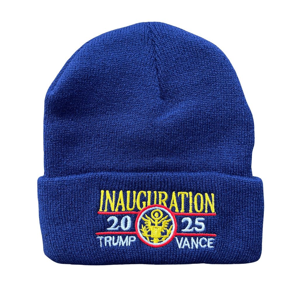Navy Trump Vance Inauguration 2025 Beanie showcasing embroidery and presidential emblem, perfect for rallies and chilly days.