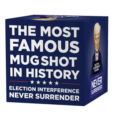 Never Surrender Trump Mugshot Bobblehead, featuring Trump's stern expression on a podium, capturing a significant political moment.
