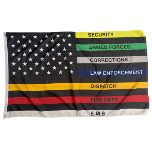 No One Fights Alone 3x5 flag featuring colors representing different public service groups displayed prominently outdoors.