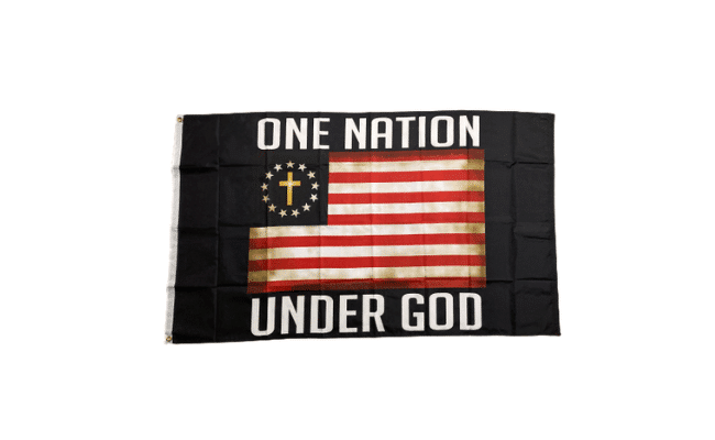 3x5 One Nation Under God political flag with quad-stitched edges and brass grommets fluttering outdoors against a clear sky.