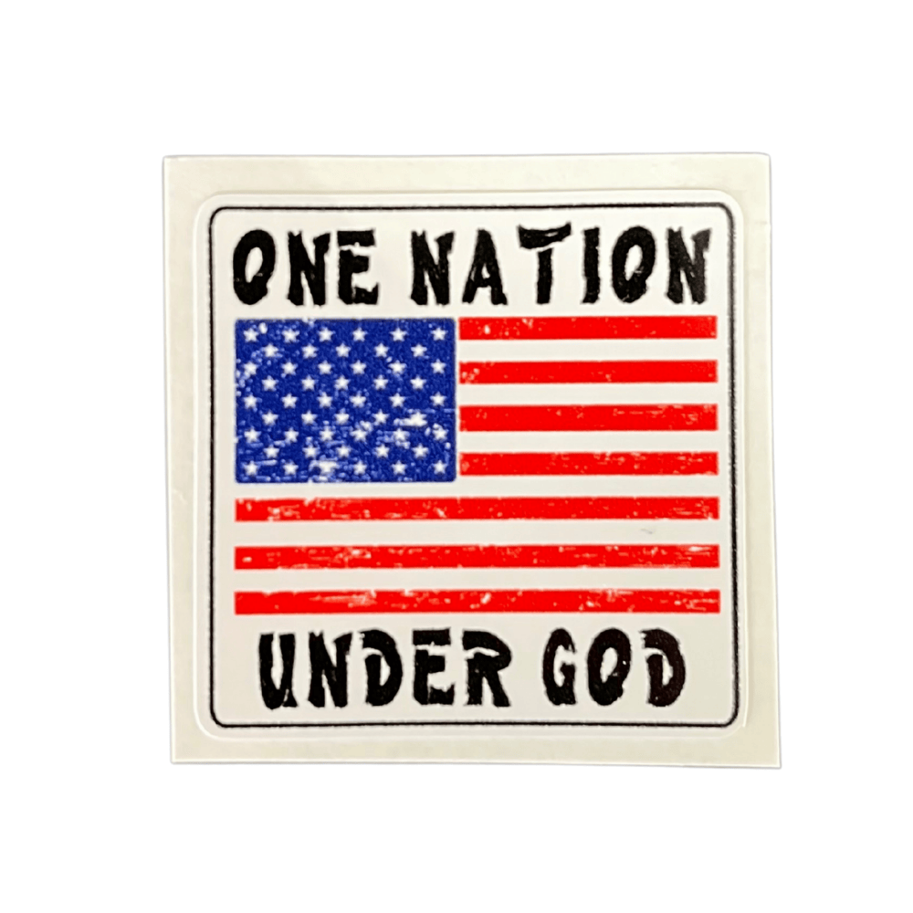 One Nation Under God sticker displayed on a car window, showcasing patriotic design and durable, weather-resistant vinyl features.