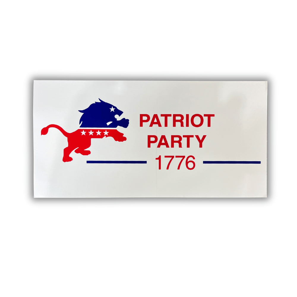 Patriot Party 1776 bumper sticker measuring 7.5 x 4 inches with bold patriotic design displayed on the bumper of a car.