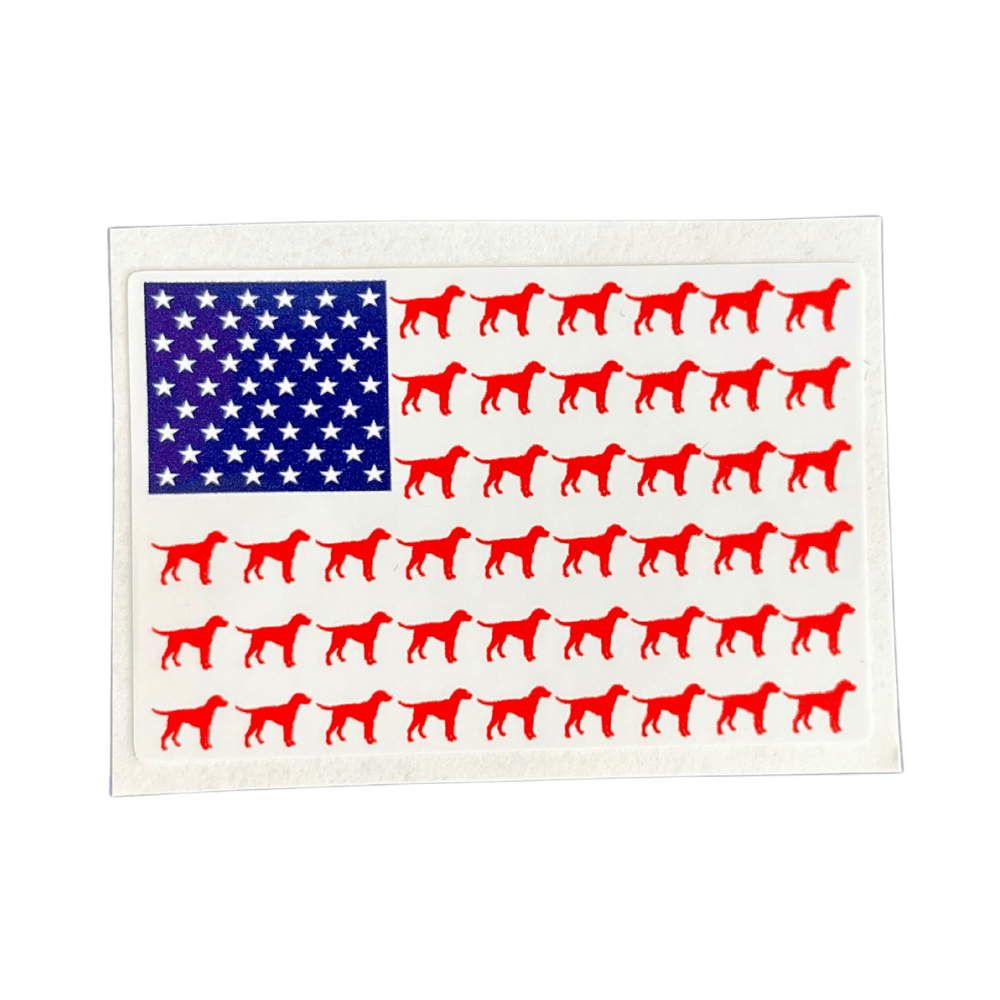 Patriotic Dogs USA Flag Sticker featuring a design of dogs with the American flag, perfect for outdoor gear and personalization.