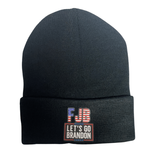Patriotic FJB Let's Go Brandon Beanie featuring large lettering and striped emblem displayed on a casual winter outfit.